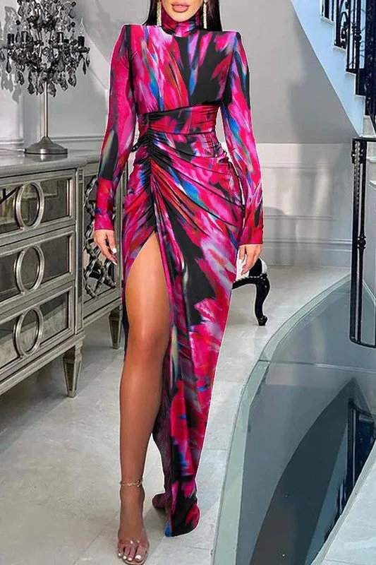 Print Padded Shoulder High Slit Ruched Party Dress