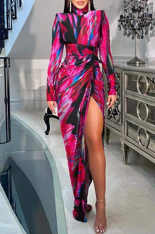 Print Padded Shoulder High Slit Ruched Party Dress