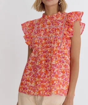 Printed Top with Ruffle Sleeves - Pink