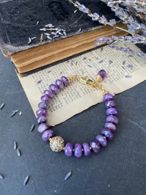 Purple mystic moonstone and  gold rhinestone clasp,  bracelet.