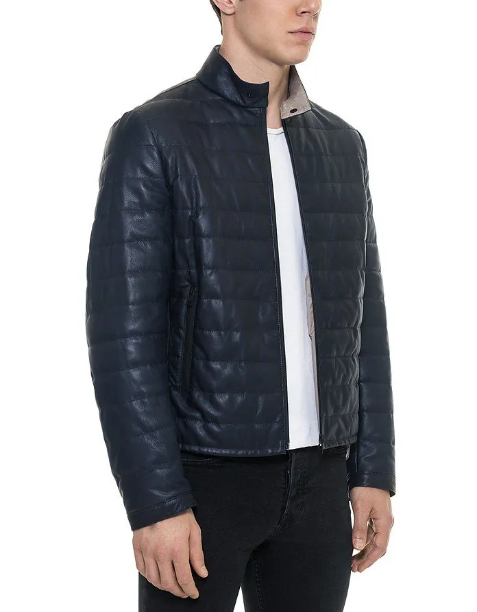 Quilted Leather Jacket Dark Blue