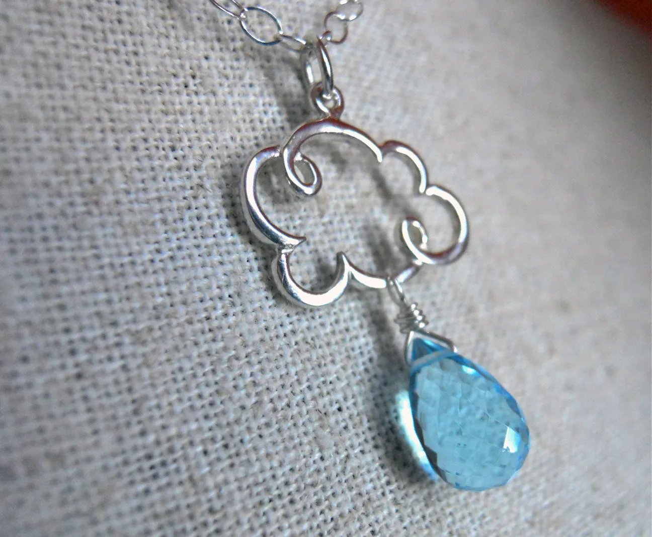 Rain Cloud Charm Necklace in Swiss Blue Quartz Teardrop