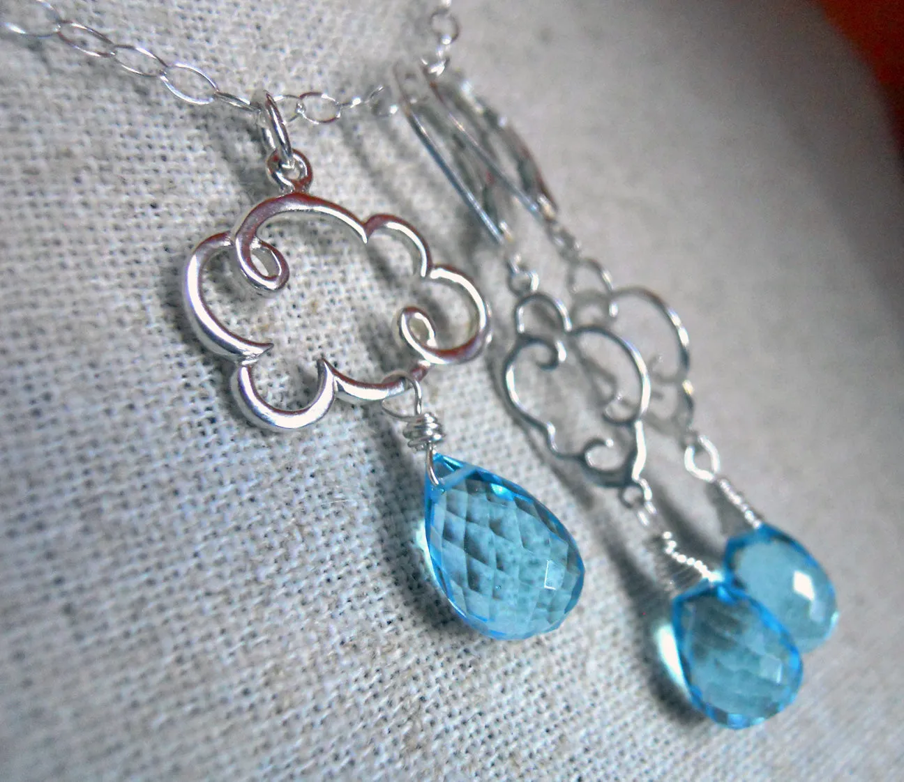 Rain Cloud Charm Necklace in Swiss Blue Quartz Teardrop