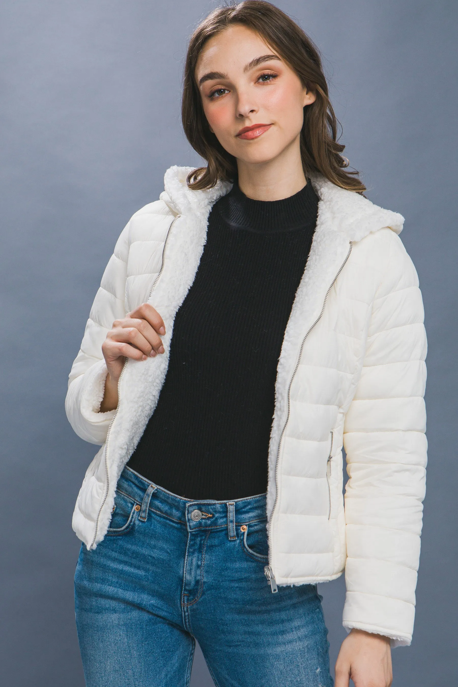 Reversible Faux Sherpa Puffer Jacket