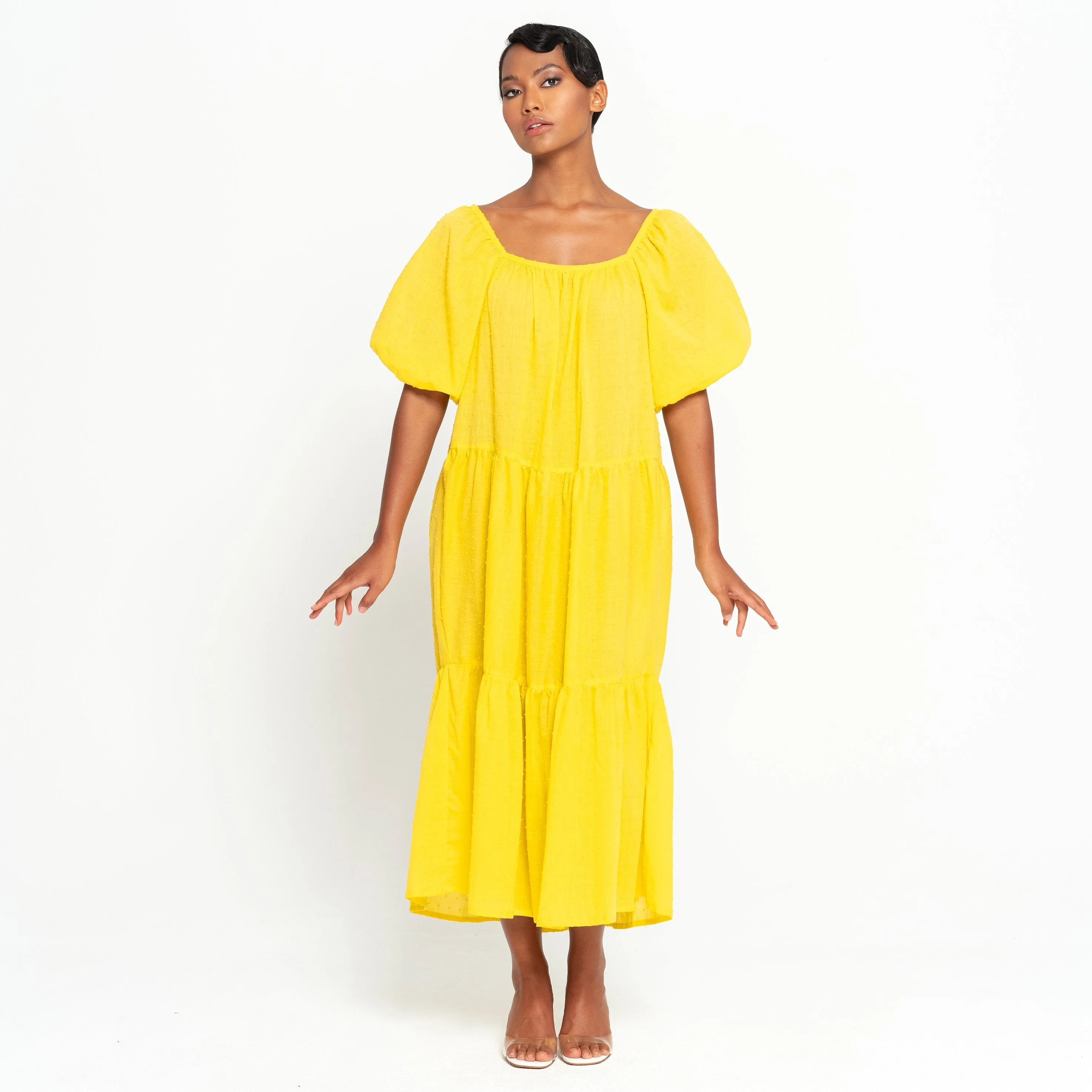 ROSEMARY Dotted Cotton Dress, in Sunflower Yellow