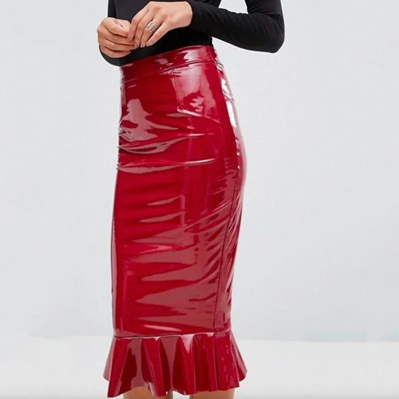 Shiny PU Leather Ruffles Midi Skirt