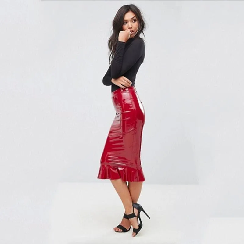 Shiny PU Leather Ruffles Midi Skirt