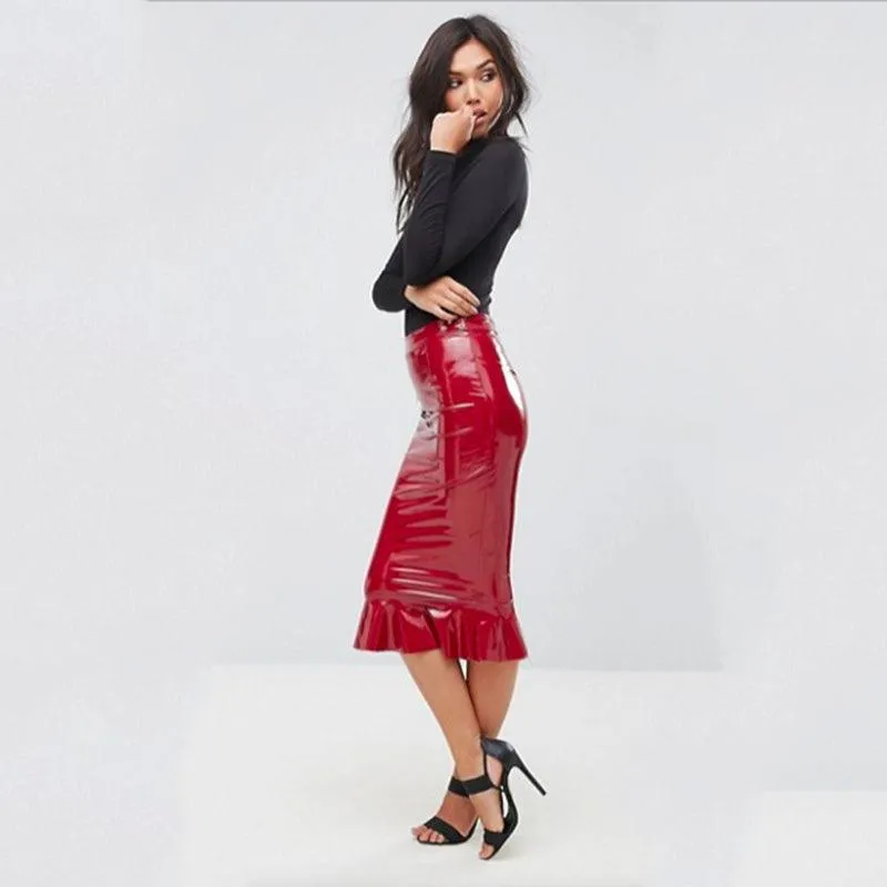 Shiny PU Leather Ruffles Midi Skirt