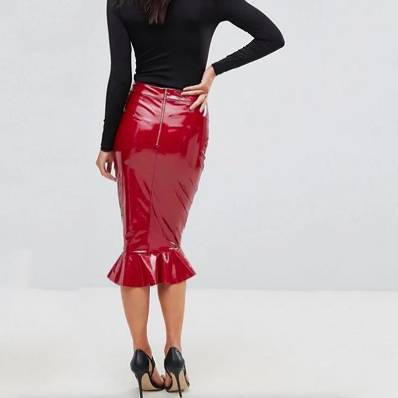 Shiny PU Leather Ruffles Midi Skirt