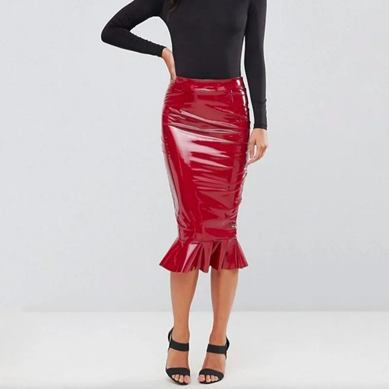 Shiny PU Leather Ruffles Midi Skirt