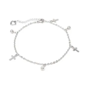 Stainless Steel Anklet with Cross and Ball Charms