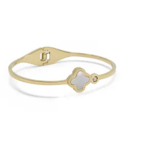 Stainless Steel Bangle Flower Mother of Pearl Crystal Gold Plated