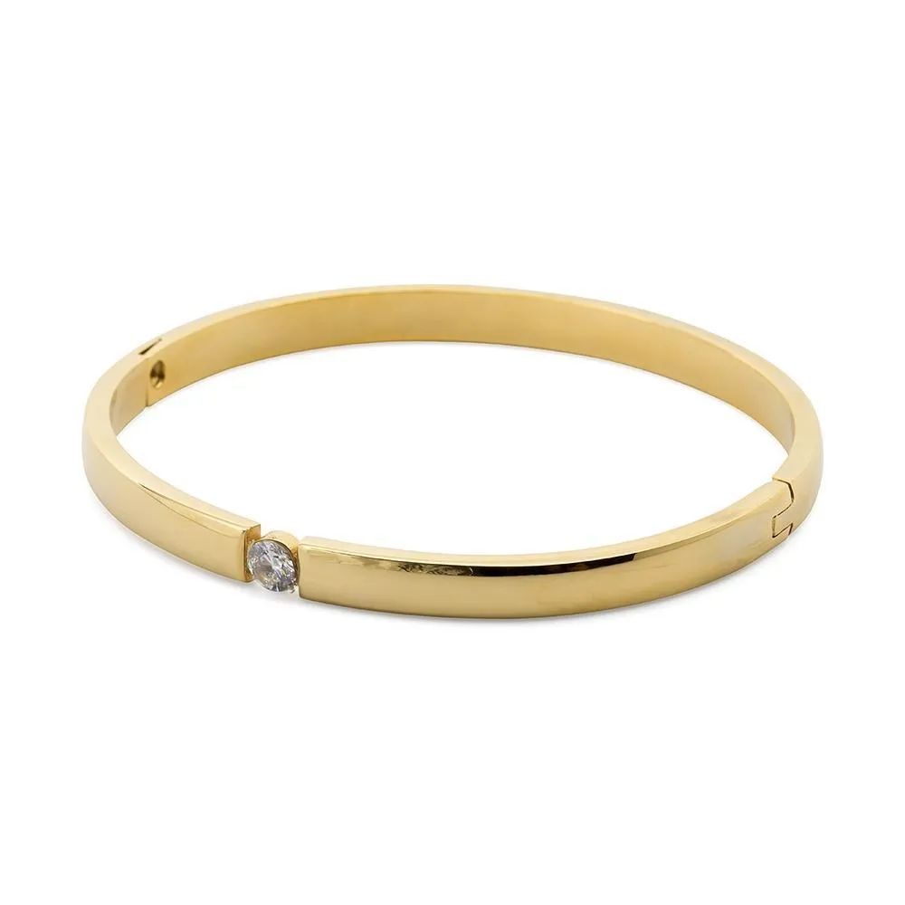 Stainless Steel Bangle Small Station Clear Crystal Gold Plated