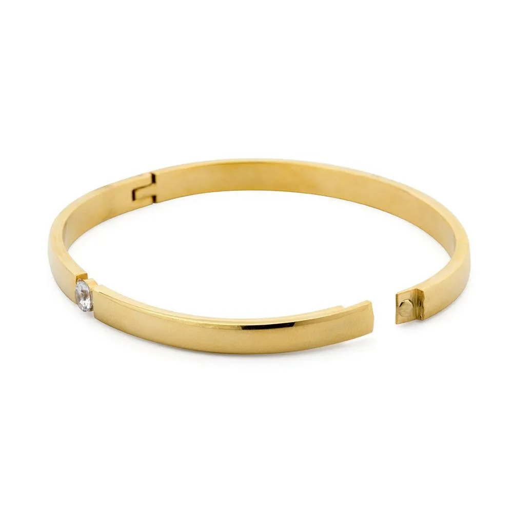 Stainless Steel Bangle Small Station Clear Crystal Gold Plated