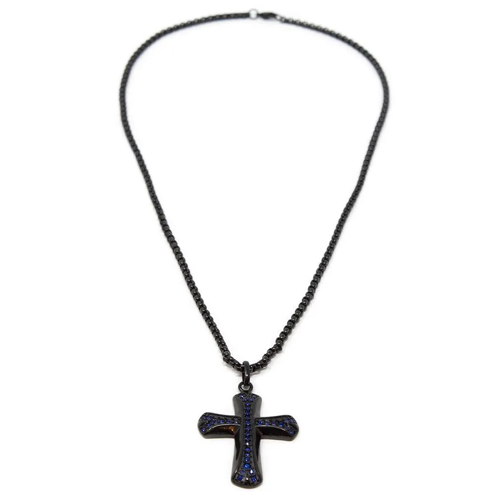 Stainless Steel Cross Pendant Blue Stones Black