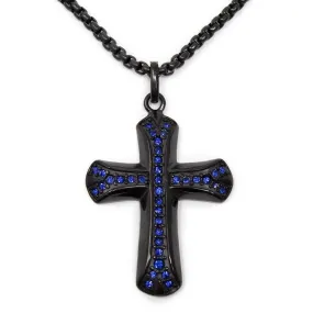 Stainless Steel Cross Pendant Blue Stones Black