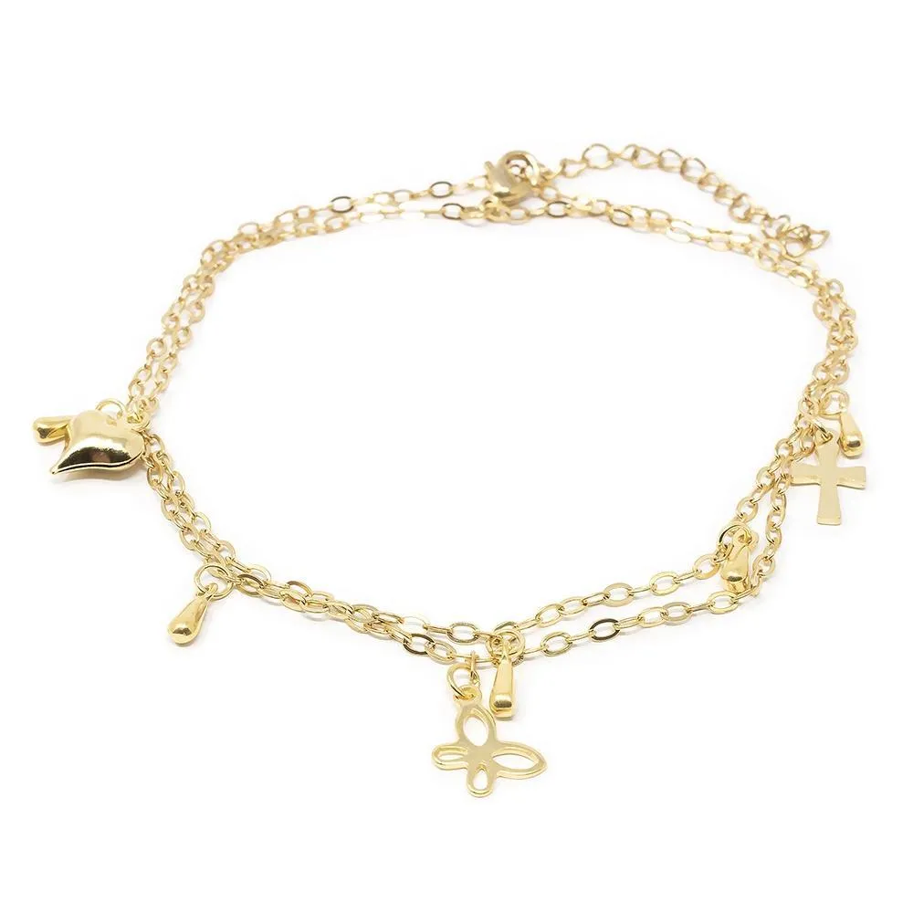 Stainless Steel Heart Cross Butterfly Charms Anklet Gold Plated