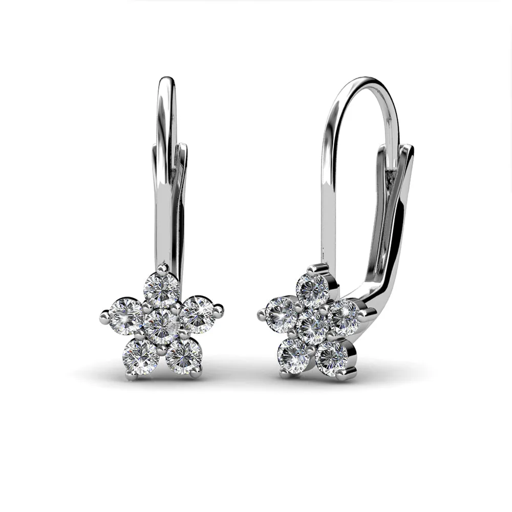 Swarovski Crystal Flower-Motif Leverback Earring in 18k White Gold