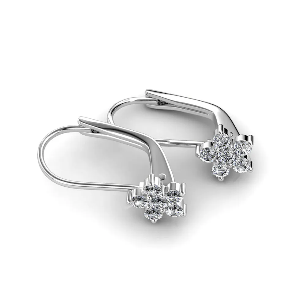 Swarovski Crystal Flower-Motif Leverback Earring in 18k White Gold