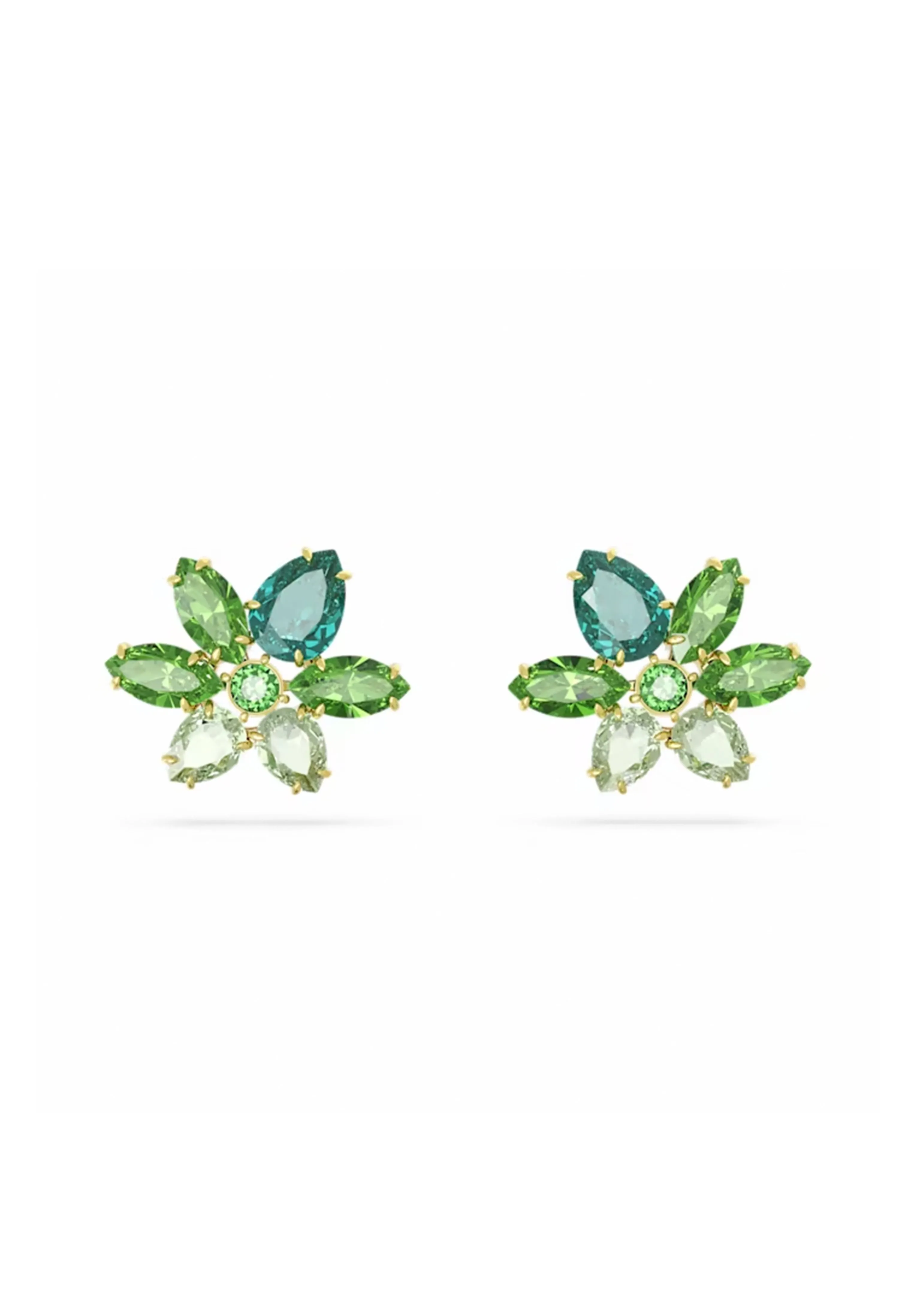 Swarovski Gema: Mixed Cuts Green Flower Earrings Gold Plated