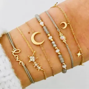 Tocona Boho Love Moon Bracelets for Women Charms Bead Gold Color Star Clear Crystal Stone Letter Rope Jewelry Accessorie