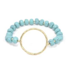 Turquoise Semi Precious Beaded Bracelet W Brushed Ring Gold T