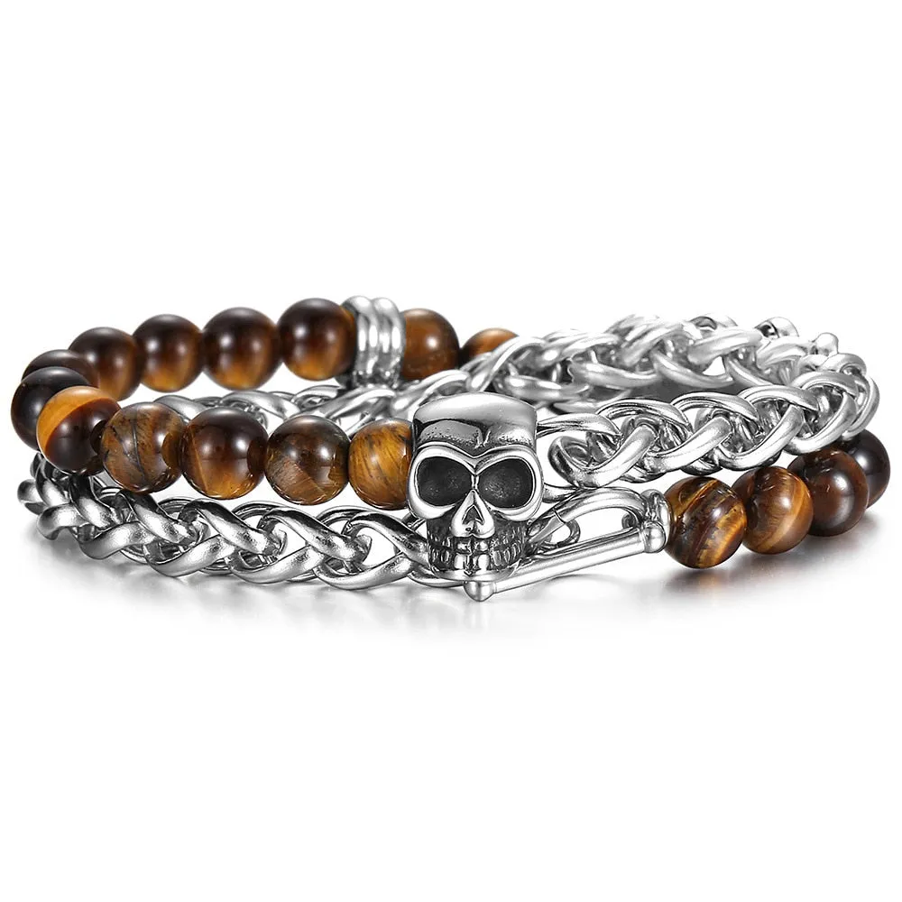 Unisex Stainless Steel Lava Stone Beaded Skull Bracelet