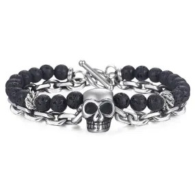 Unisex Stainless Steel Lava Stone Beaded Skull Bracelet