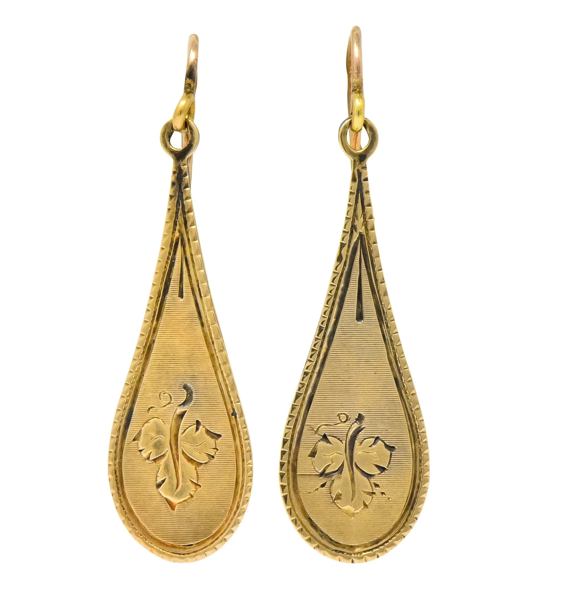 Victorian 14 Karat Gold Etched Clover Drop Earrings