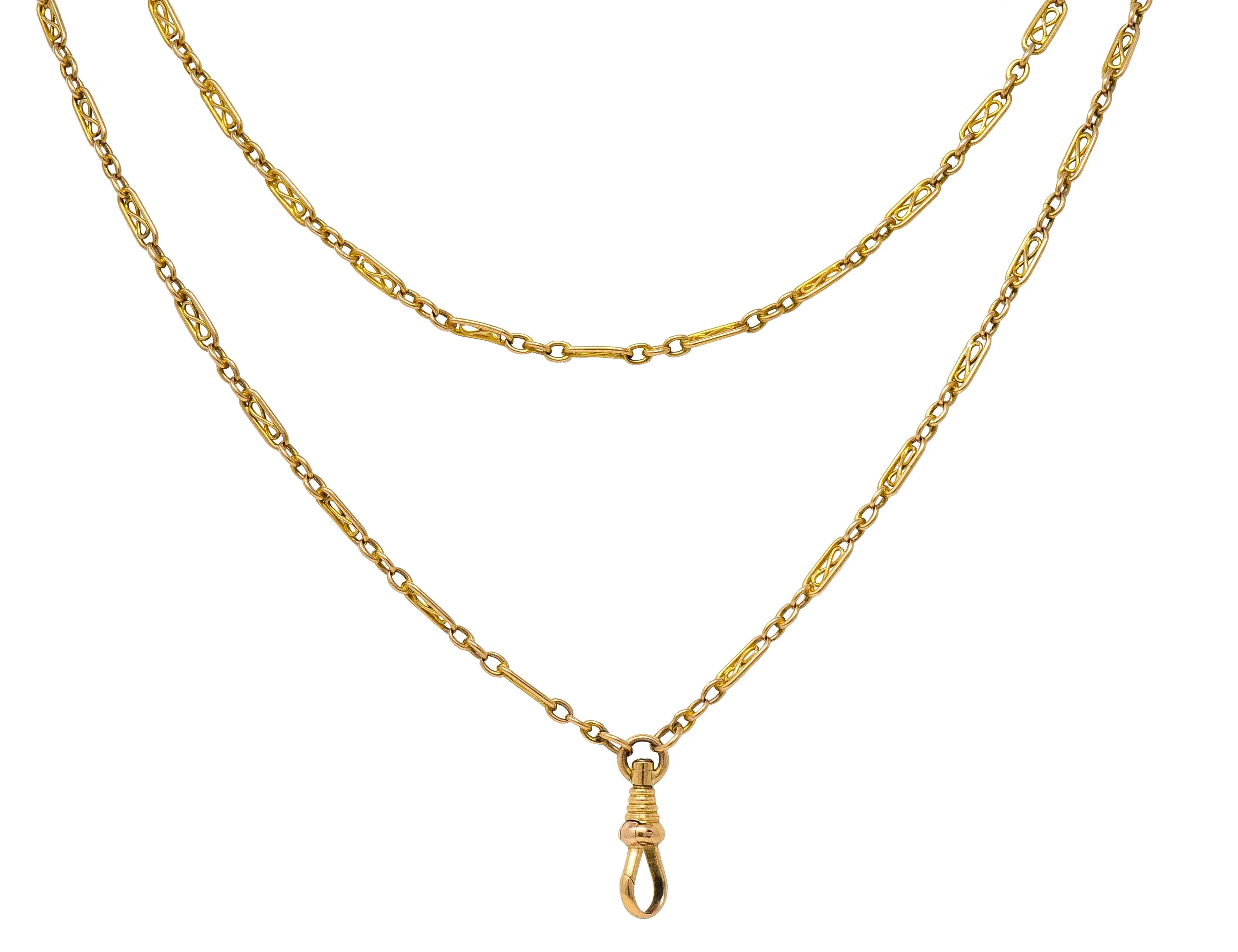 Victorian 14 Karat Yellow Gold Infinity Link 64 1/2 IN Long Antique Fob Chain Necklace