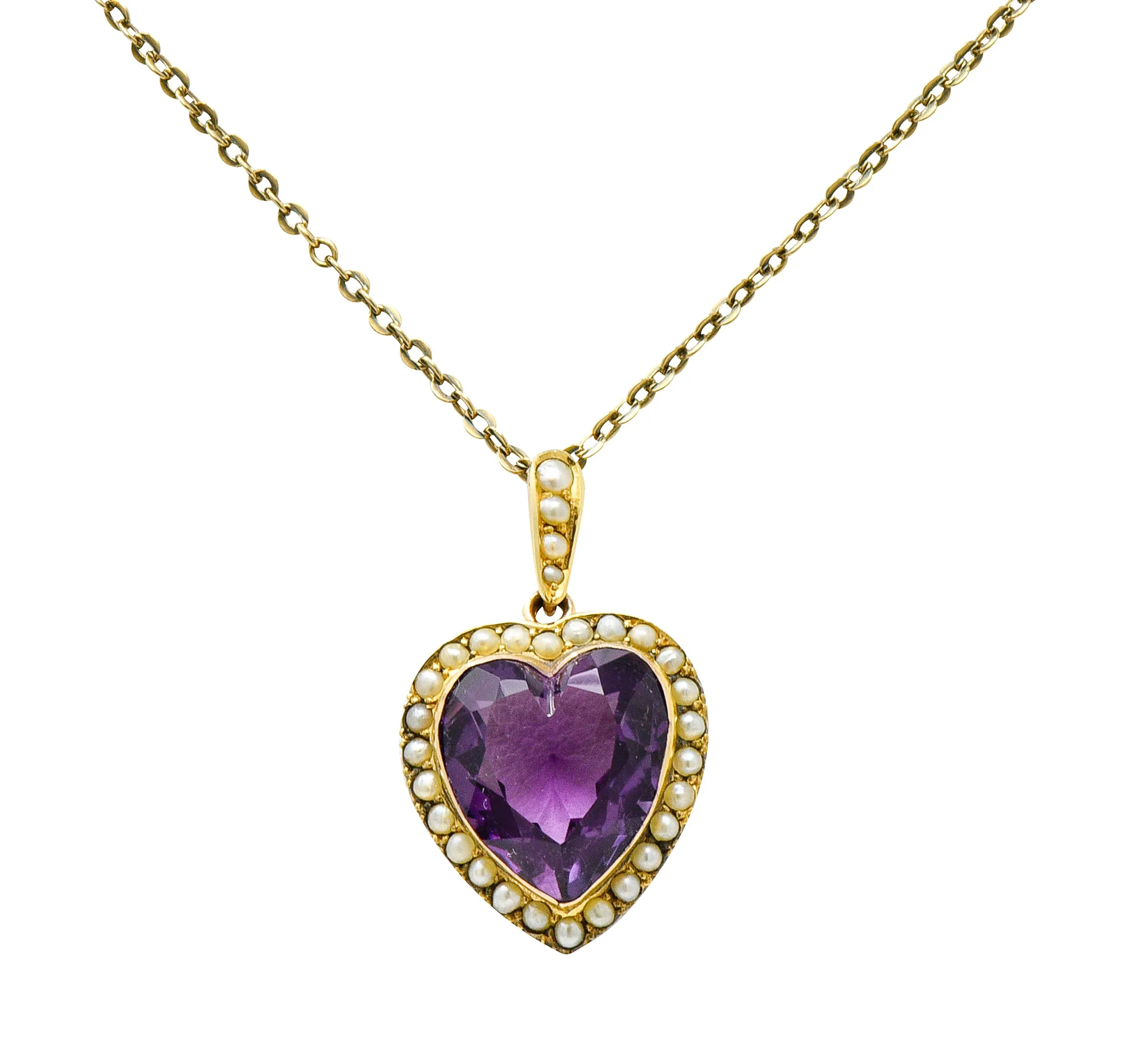 Victorian Amethyst Freshwater Natural Pearl 14 Karat Gold Heart Pendant Necklace