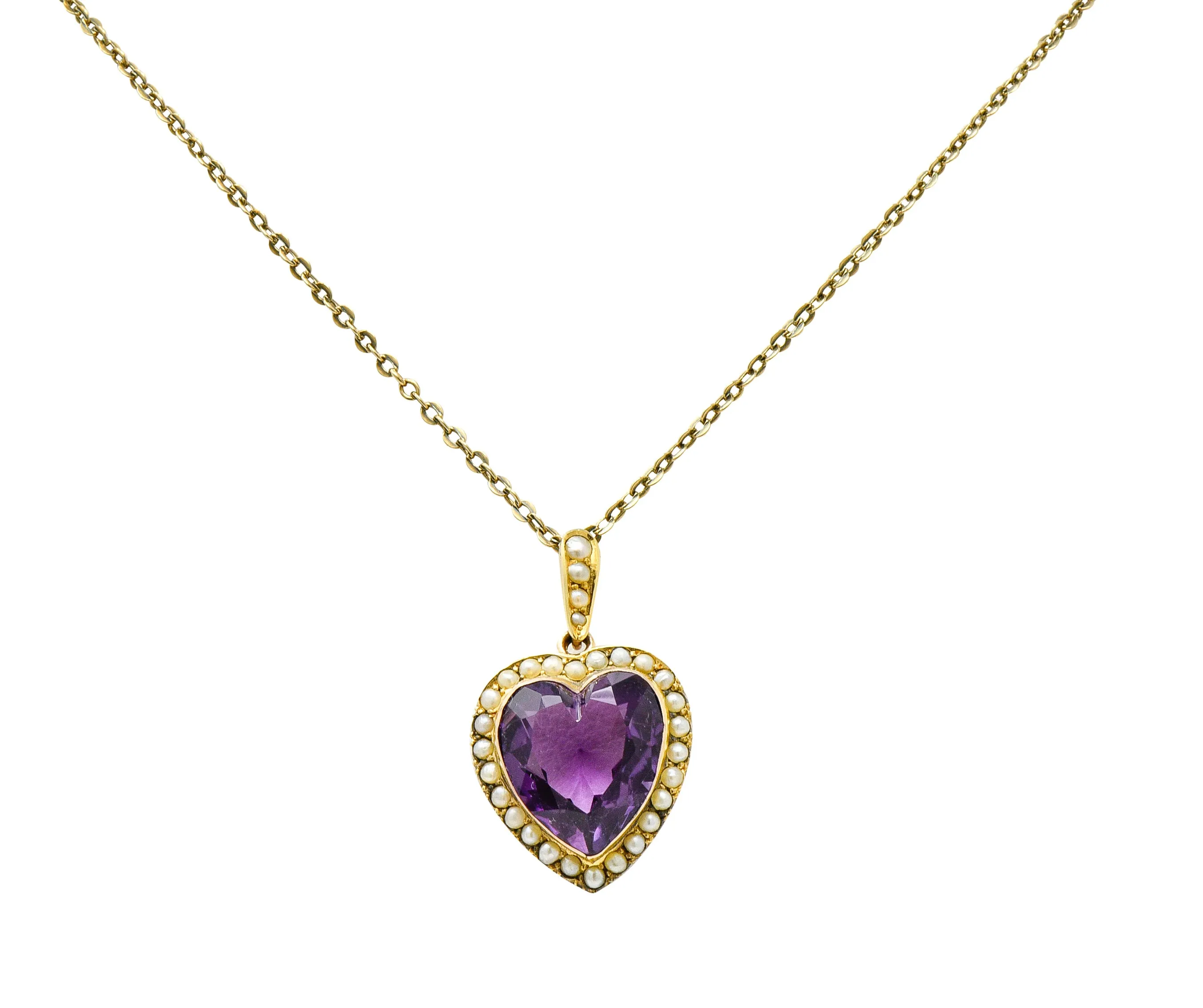 Victorian Amethyst Freshwater Natural Pearl 14 Karat Gold Heart Pendant Necklace