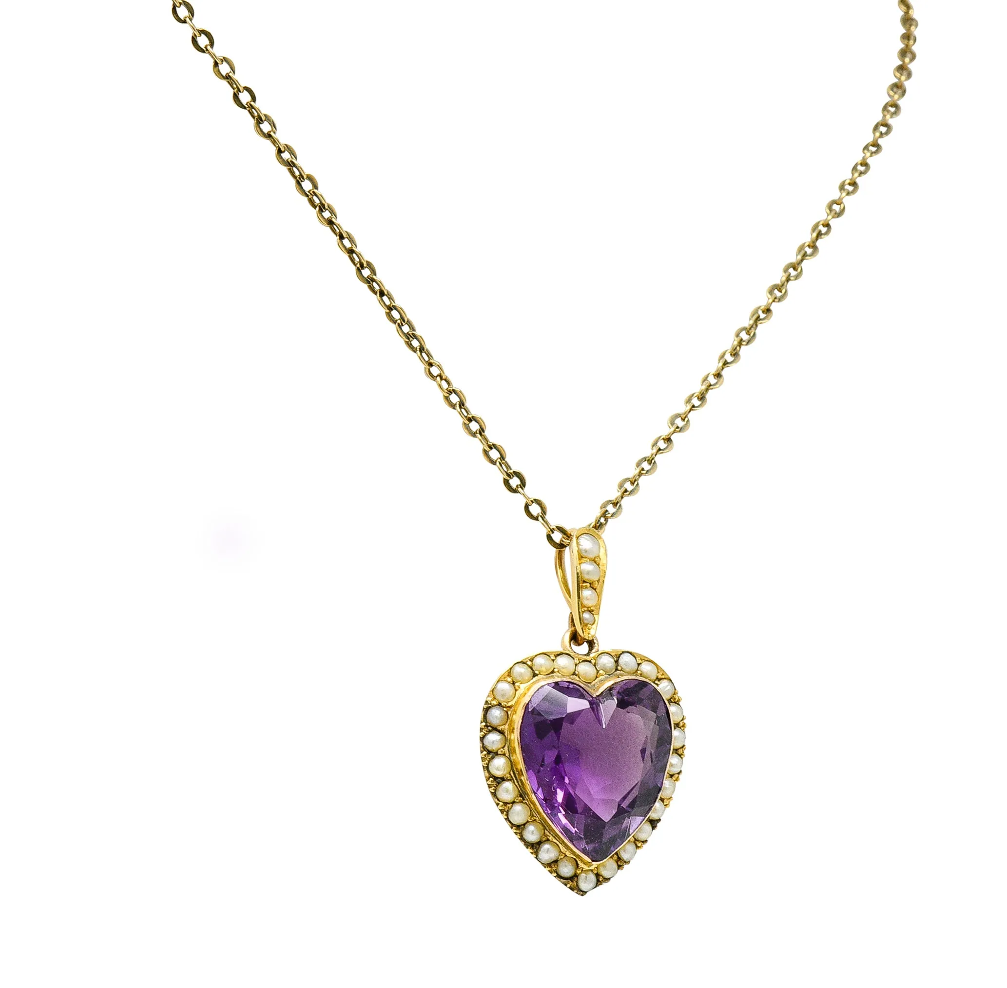 Victorian Amethyst Freshwater Natural Pearl 14 Karat Gold Heart Pendant Necklace