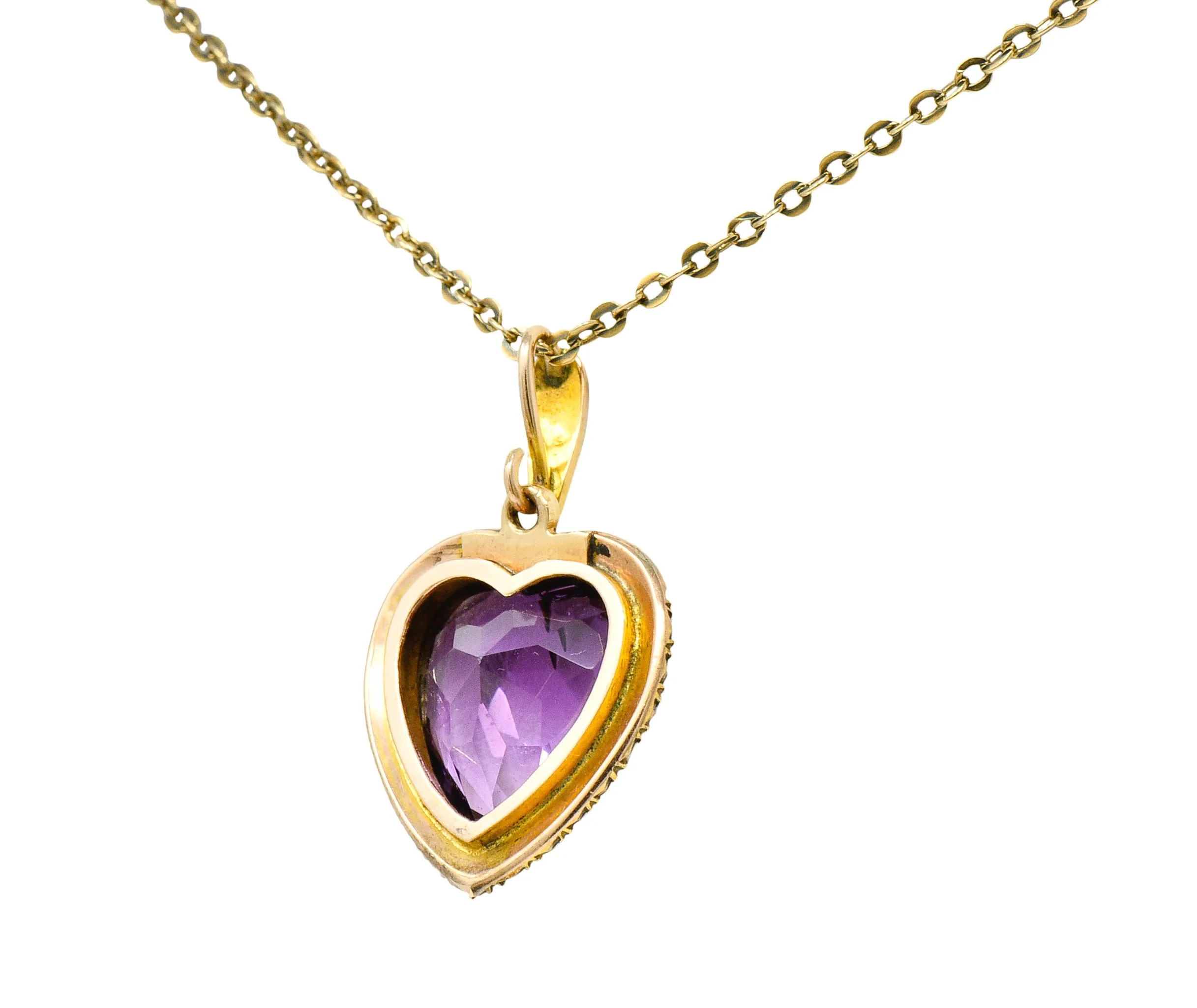 Victorian Amethyst Freshwater Natural Pearl 14 Karat Gold Heart Pendant Necklace