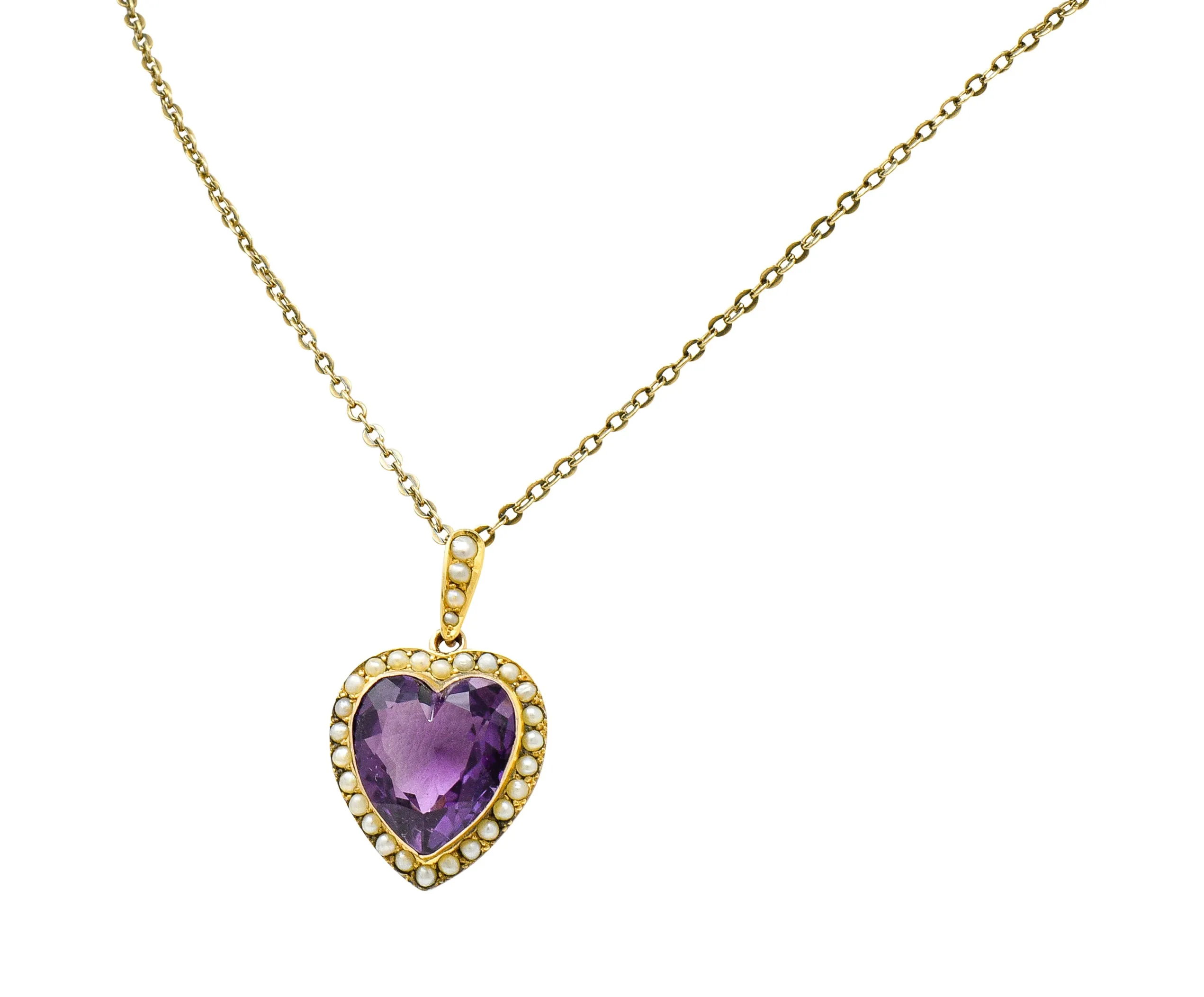 Victorian Amethyst Freshwater Natural Pearl 14 Karat Gold Heart Pendant Necklace