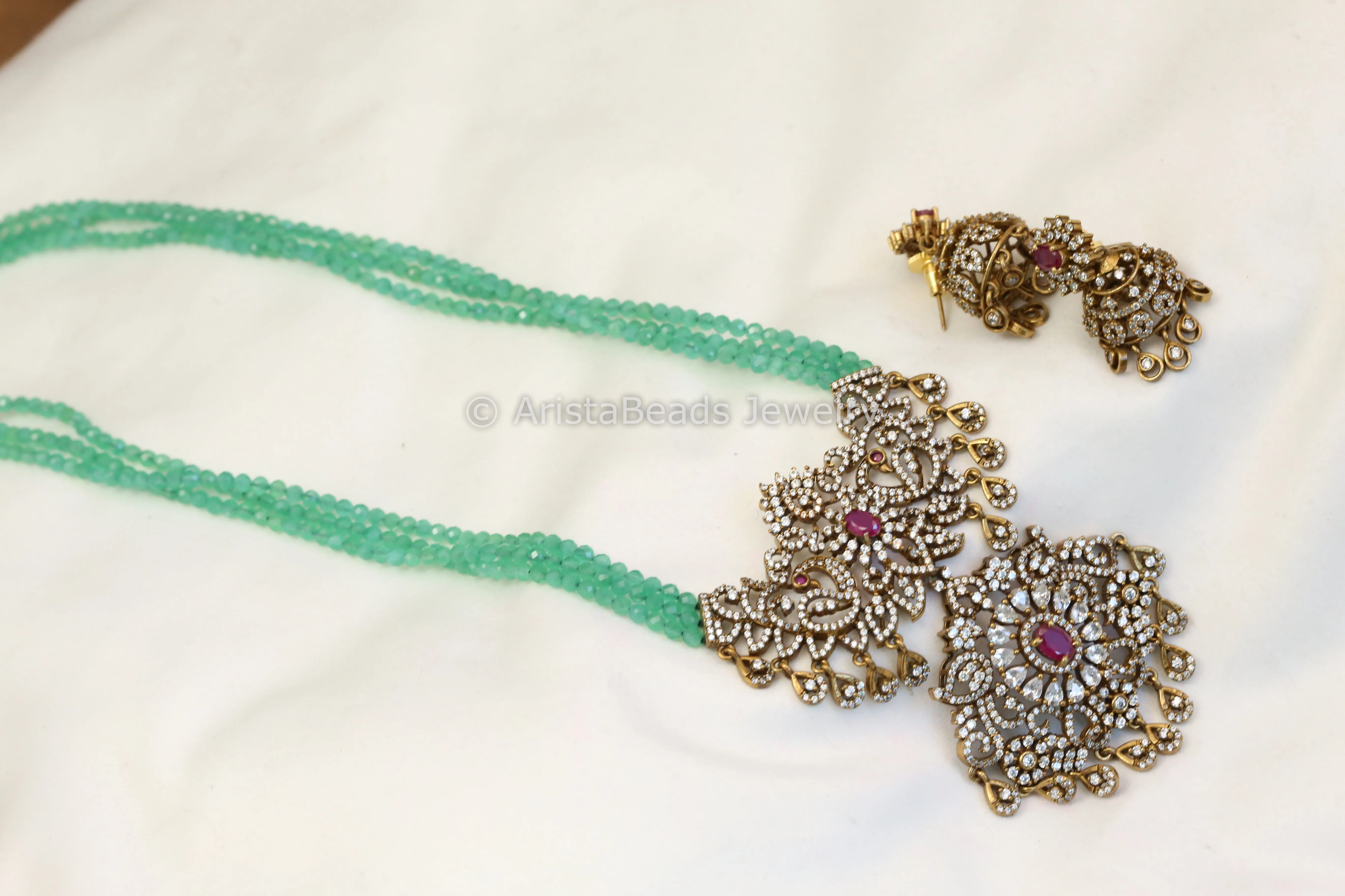 Victorian Beaded CZ Jhumka Set- Green