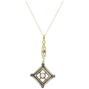 Victorian Diamond Sapphire Seed Pearl 14 Karat Gold Pendant Necklace