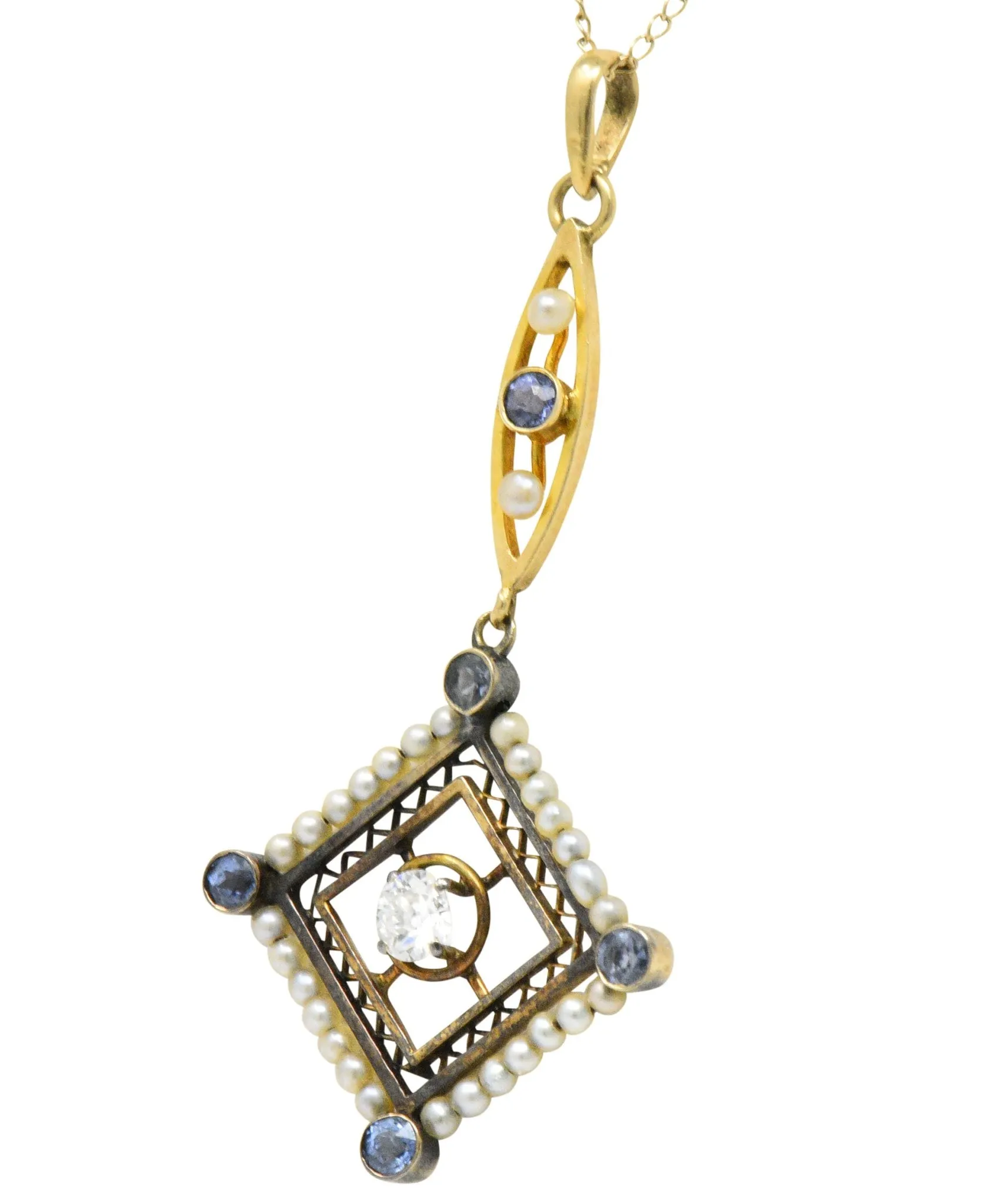 Victorian Diamond Sapphire Seed Pearl 14 Karat Gold Pendant Necklace