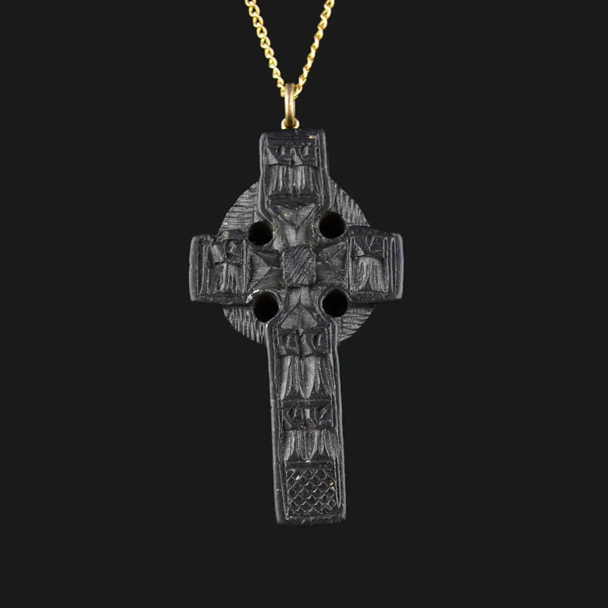 Victorian Irish Bog Oak Celtic Cross Stanhope Pendant Necklace