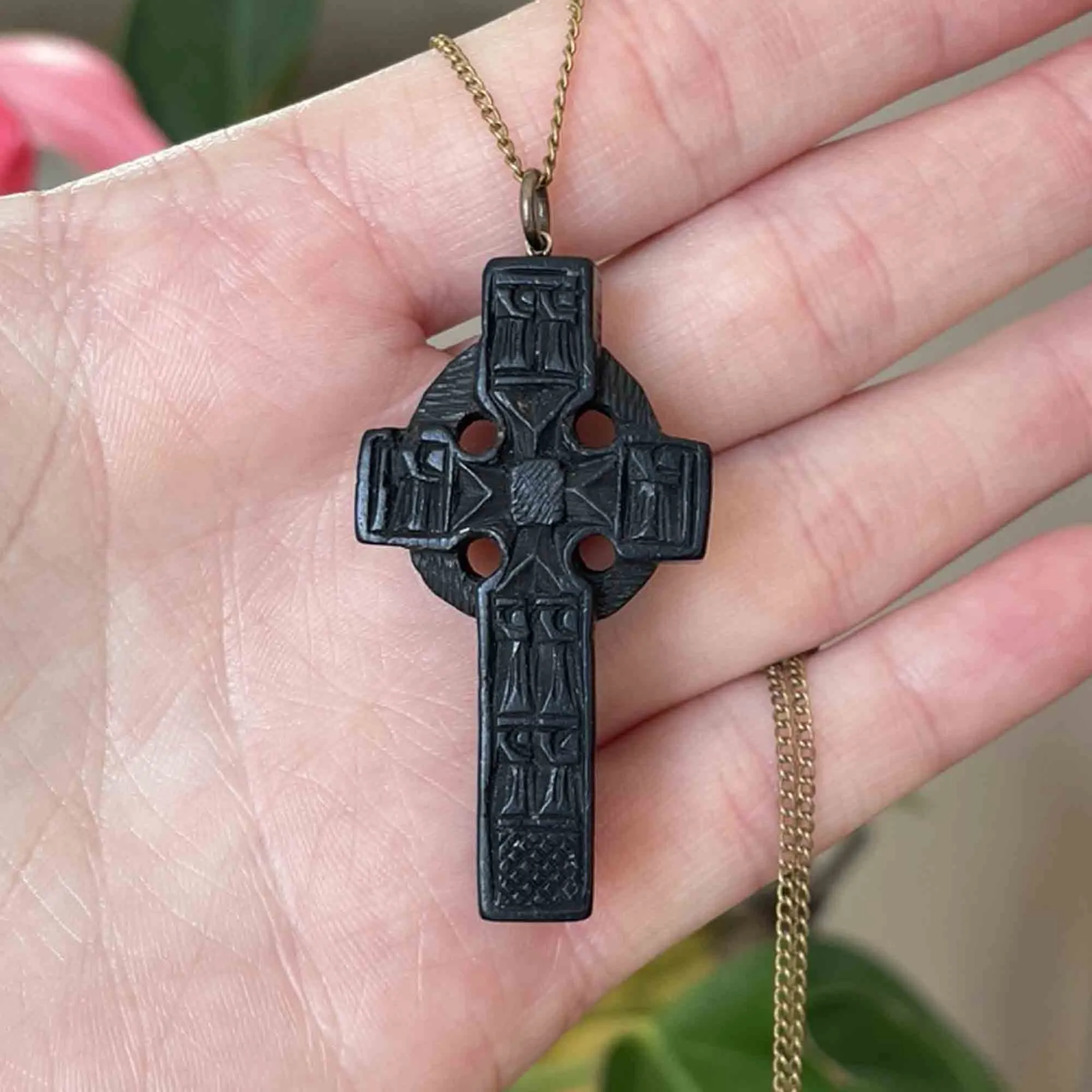 Victorian Irish Bog Oak Celtic Cross Stanhope Pendant Necklace