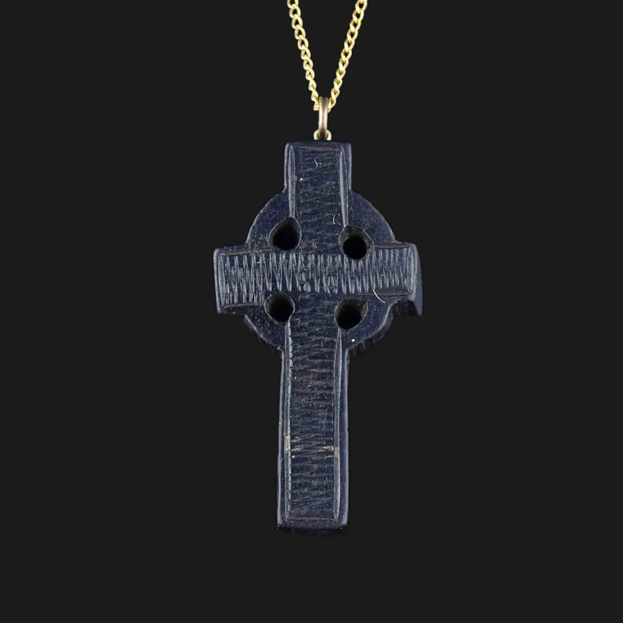 Victorian Irish Bog Oak Celtic Cross Stanhope Pendant Necklace