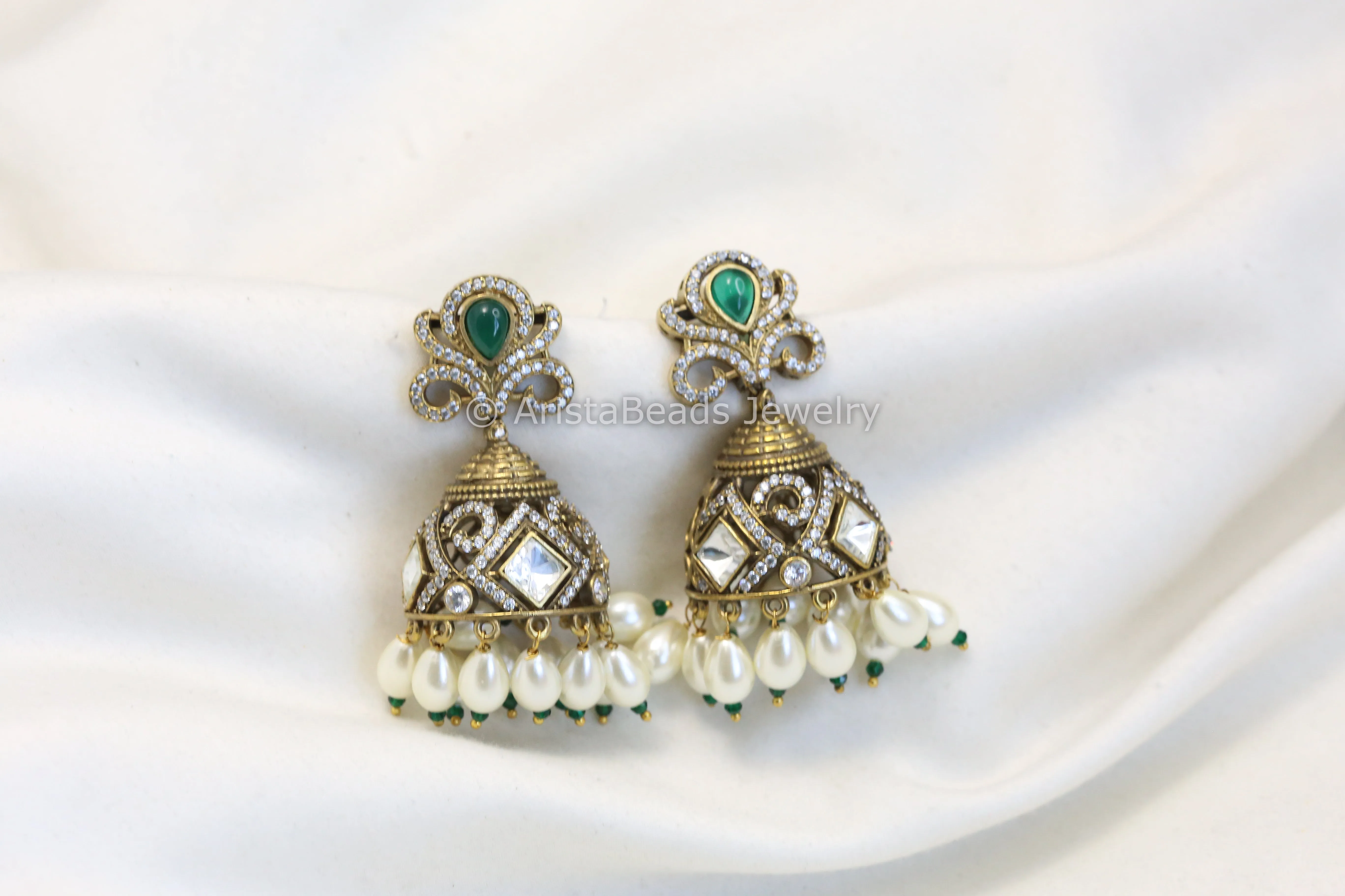 Victorian Kundan Polki Jhumka - Green