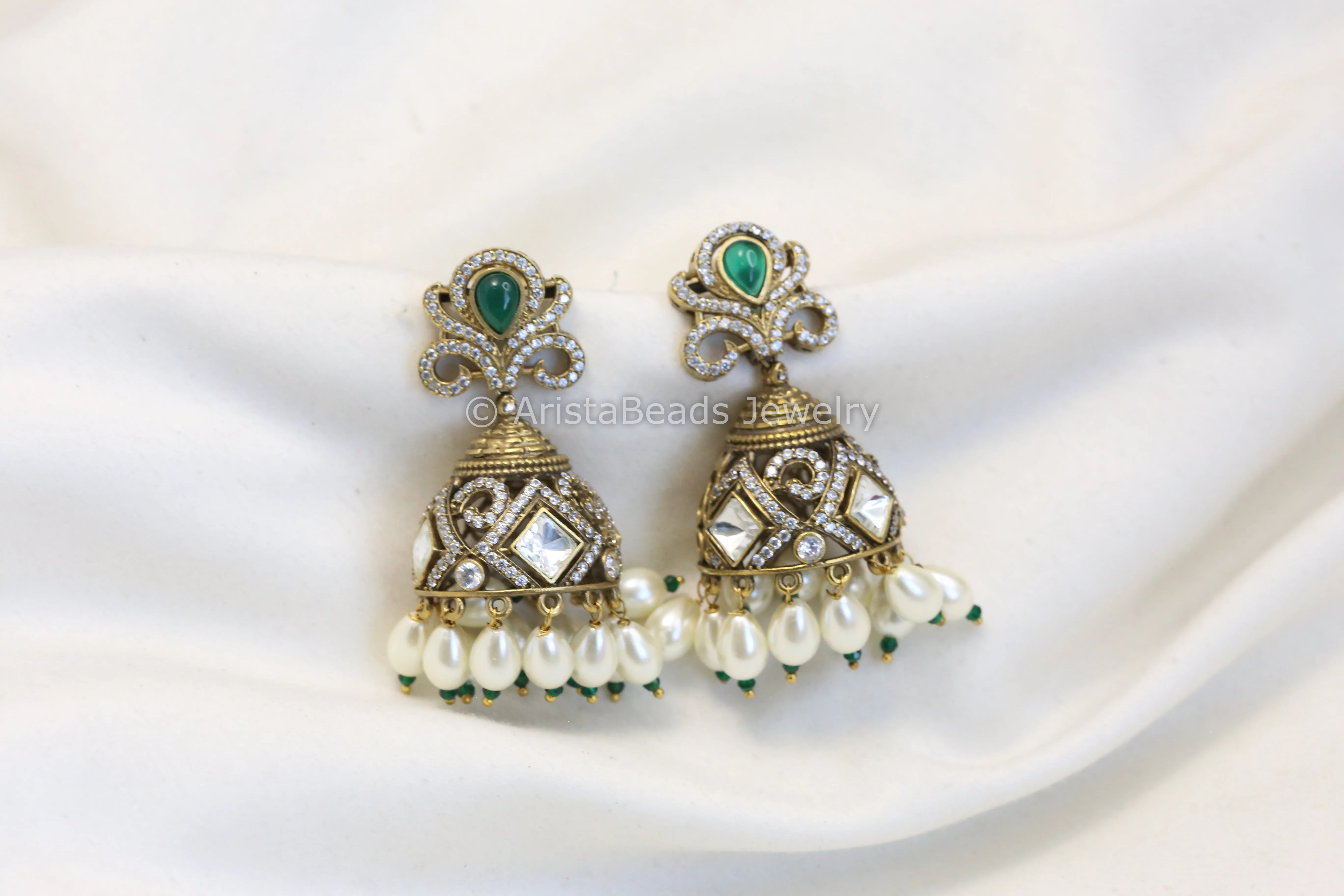 Victorian Kundan Polki Jhumka - Green