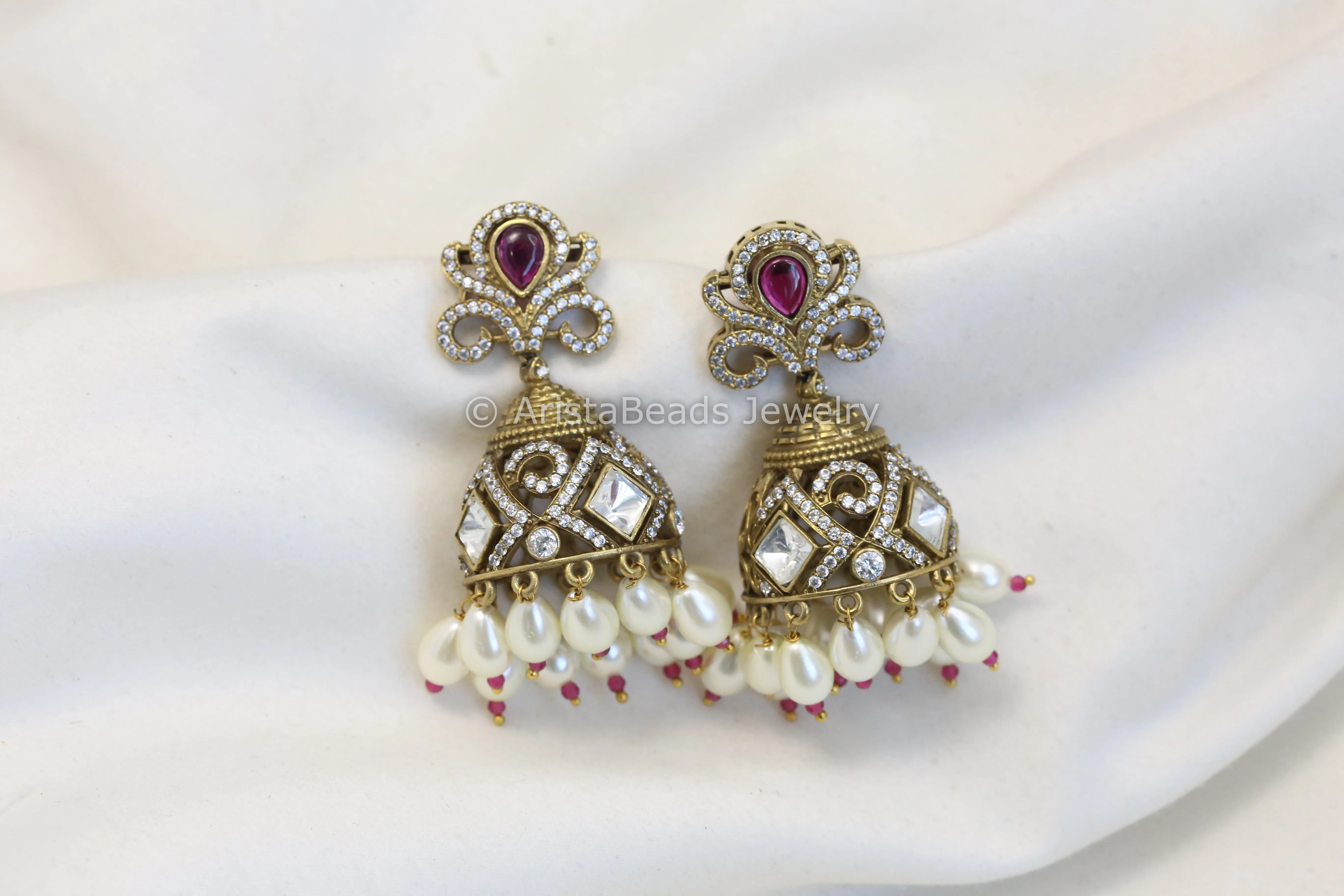 Victorian Kundan Polki Jhumka -  Ruby