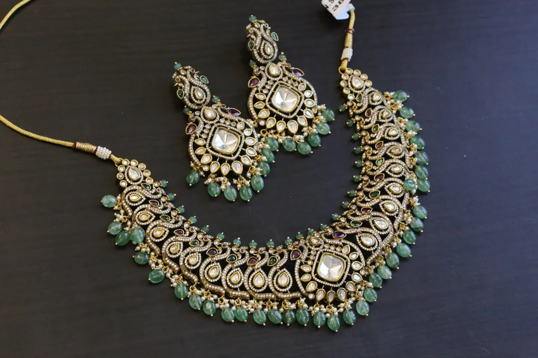 Victorian Kundan Polki Necklace Set - Fluorite Drops