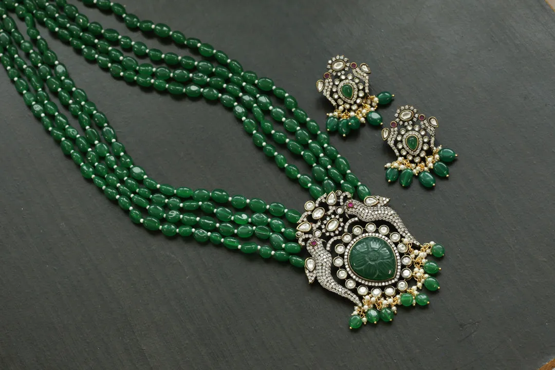 Victorian Polki & CZ  Necklace Set - Green Jade