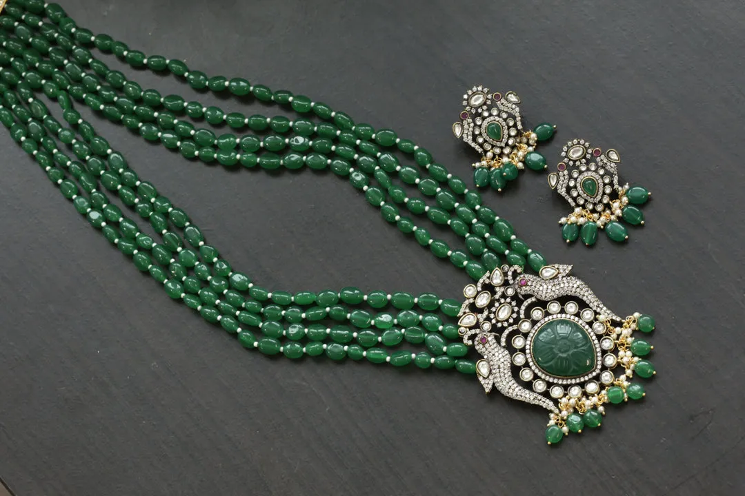 Victorian Polki & CZ  Necklace Set - Green Jade