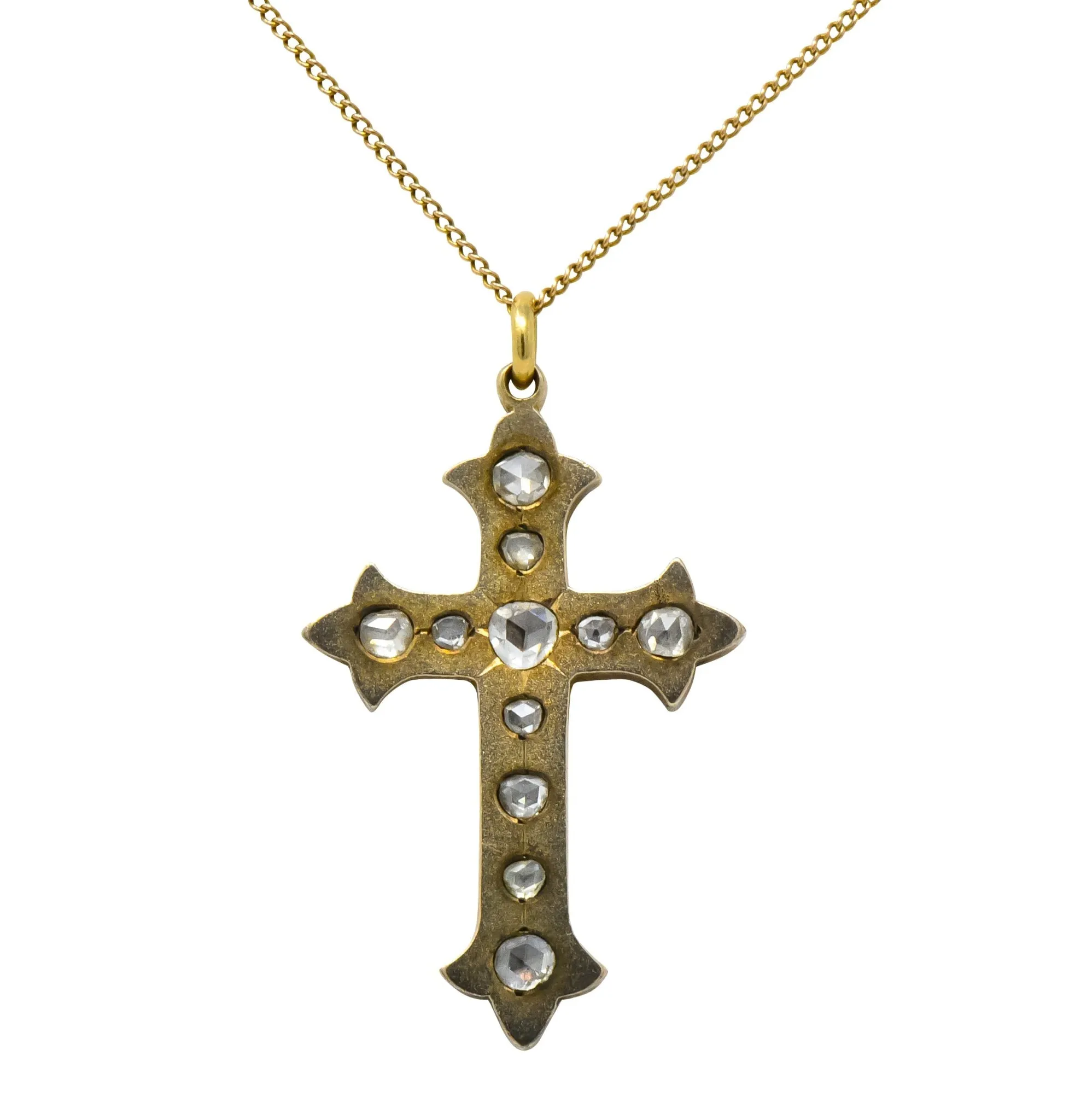 Victorian Rose Cut Diamond 14 Karat Gold Unisex Cross Pendant