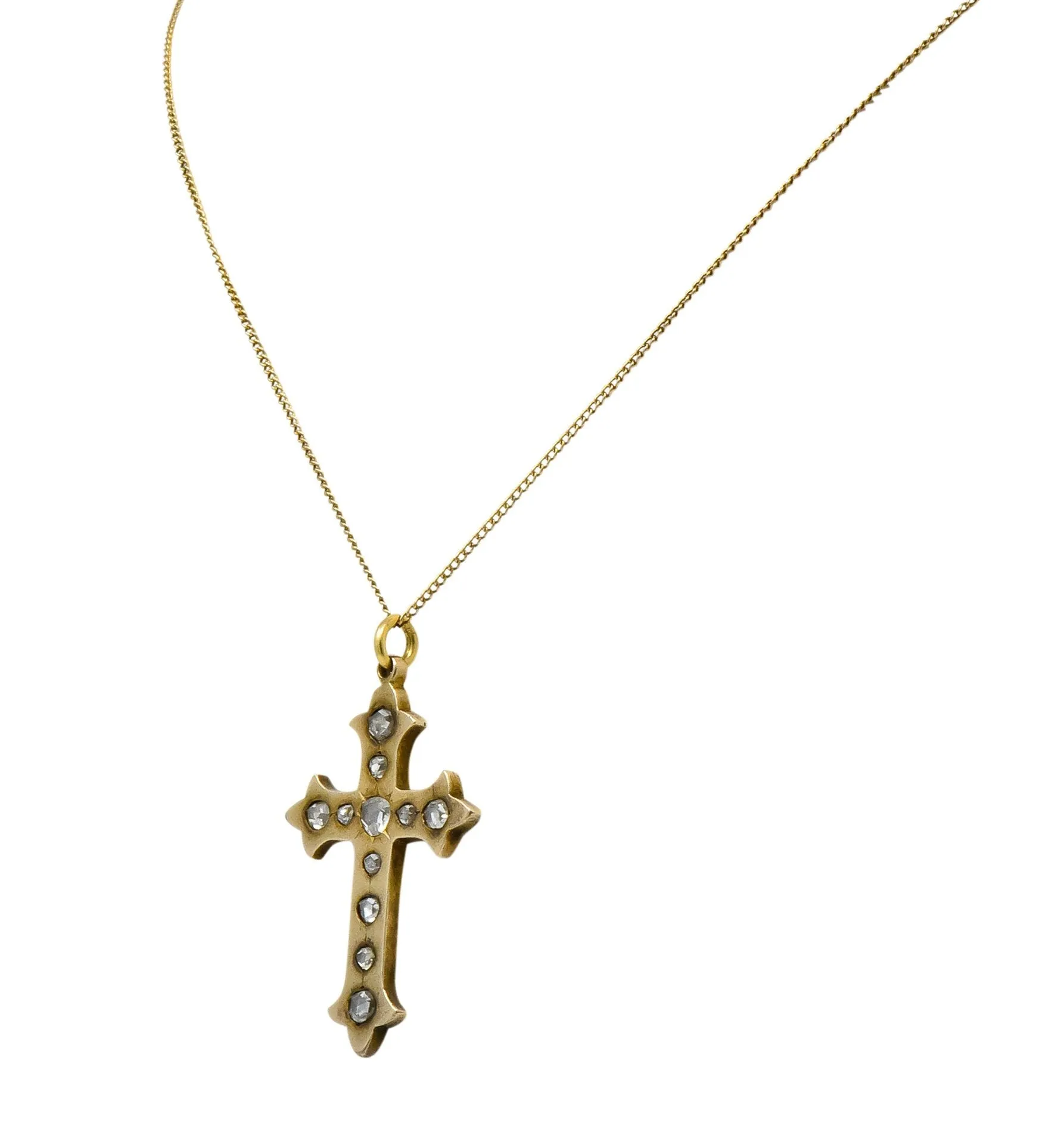 Victorian Rose Cut Diamond 14 Karat Gold Unisex Cross Pendant