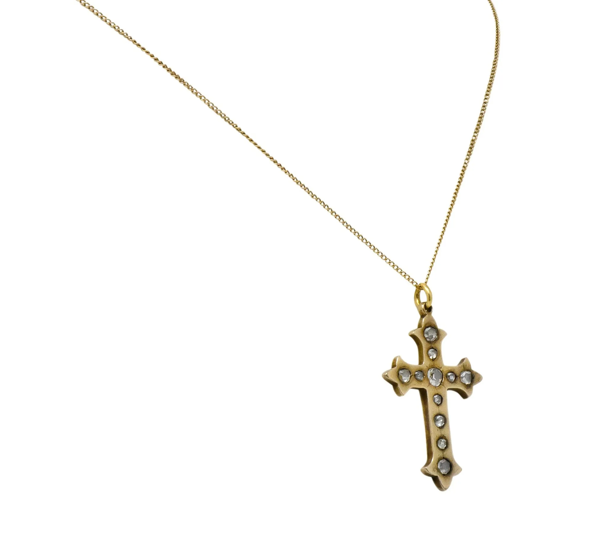 Victorian Rose Cut Diamond 14 Karat Gold Unisex Cross Pendant